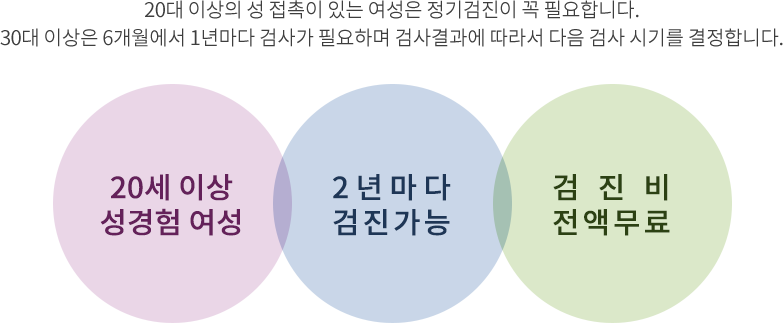 20세 이상 성경험 여성 / 2년마다 검진 / 건진비 무료